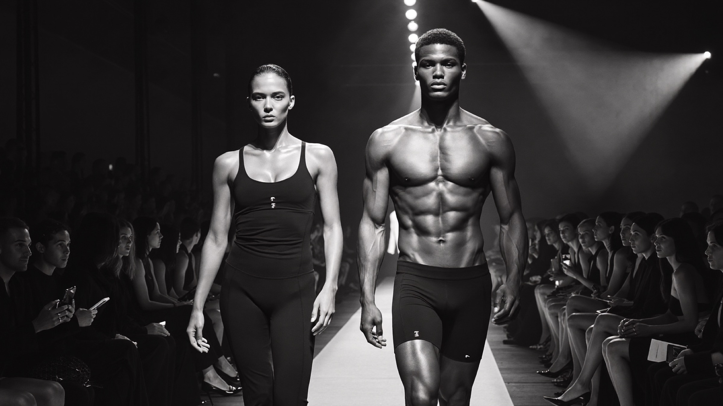 Runway at The EYEGASMIC Show with athletes walking under spotlights